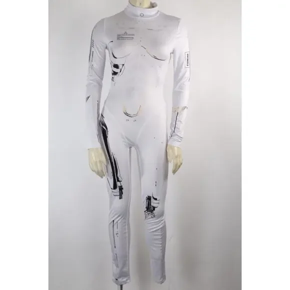 White Robotic Stretch Jumpsuit Tattoo Cyberpunk Longe Sleeve Bodysuit Size XS - Picture 4 of 14